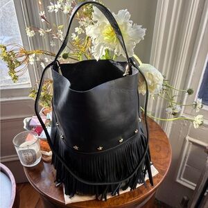 Black Leather Fringe Hobo with Star Stud Detailing